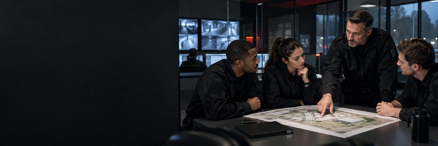 Trois agents réunis autour d'un plan de site dans un poste de contrôle, écrans de vidéosurveillance en arrière-plan