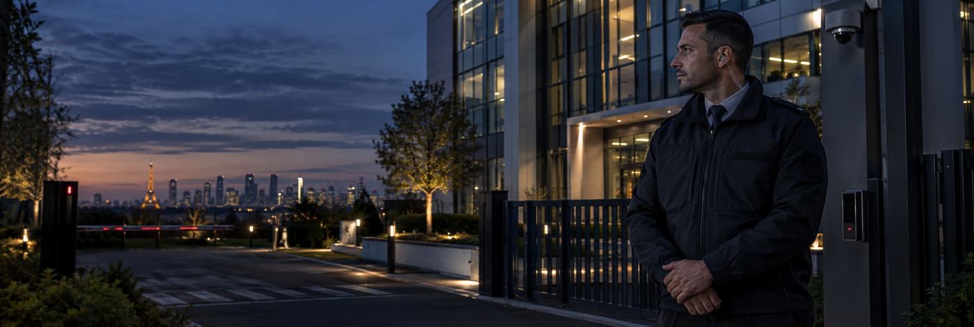 Agent de sécurité en faction devant l'entrée d'un immeuble de bureaux à la tombée de la nuit, tours de la Défense à l'horizon