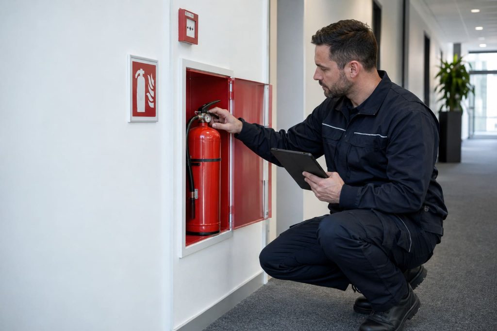Technicien contrôlant un extincteur en armoire murale, tablette de relevé à la main