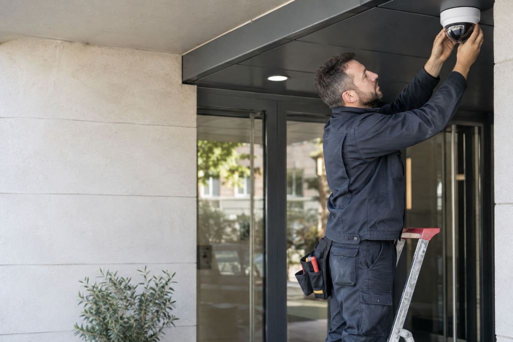 Technicien installant une caméra de vidéosurveillance en façade d'un bâtiment