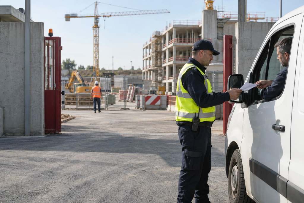 Agent vérifiant les documents du conducteur d'une camionnette de livraison à l'entrée d'un chantier