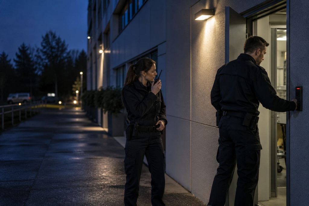Deux agents en intervention de nuit devant l'entrée d'un immeuble de bureaux, l'un en liaison radio