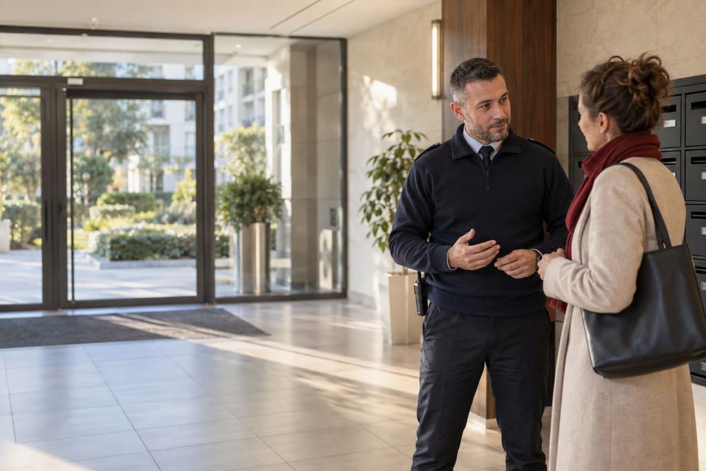 Agent échangeant avec une résidente dans le hall d'entrée d'une copropriété