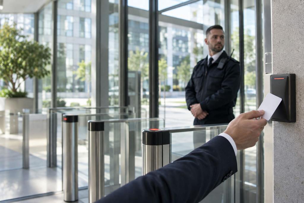 Badge présenté devant un lecteur à l'entrée d'un tourniquet, agent de sécurité en arrière-plan