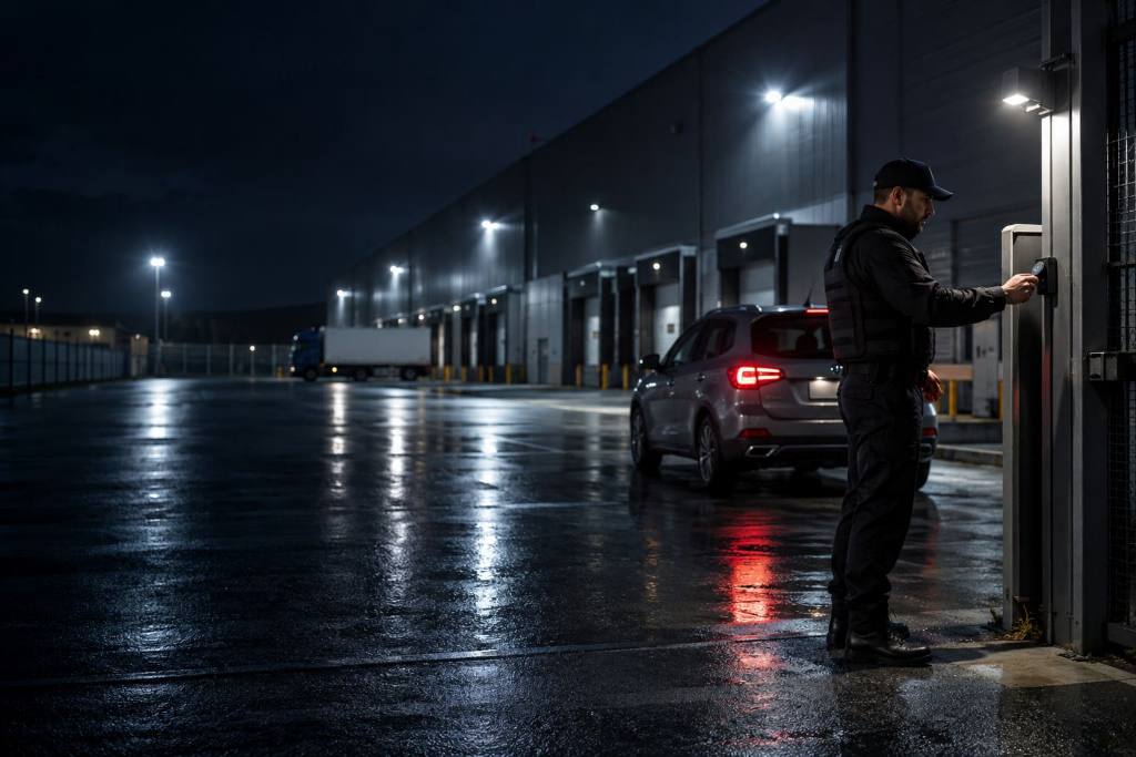 Agent inspectant les quais de chargement d'un site logistique la nuit, véhicule d'intervention à proximité