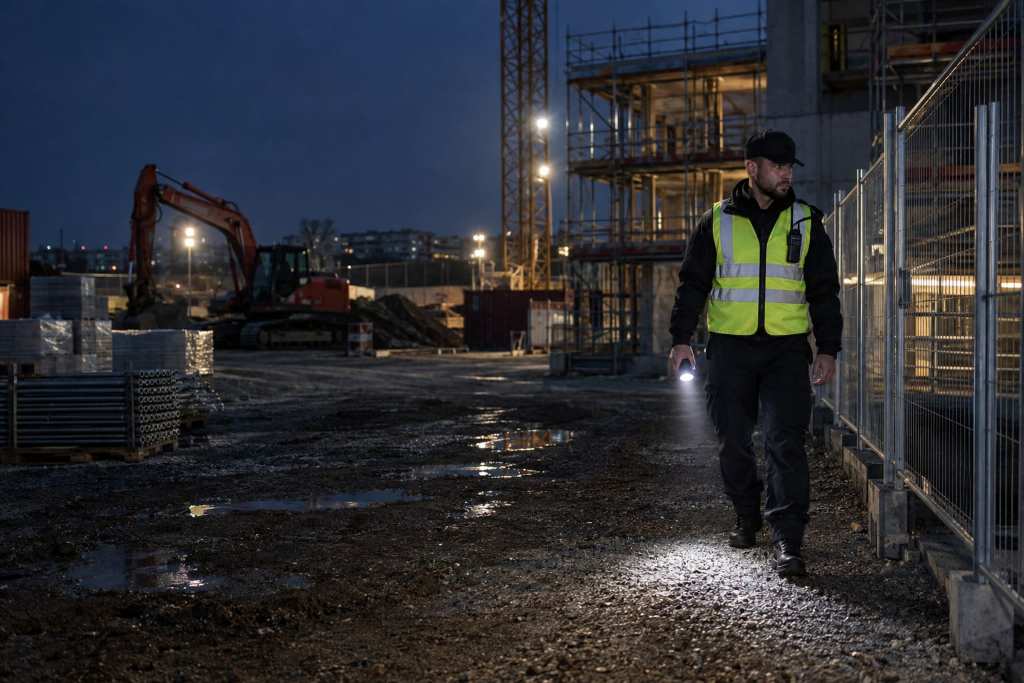 Agent en gilet haute visibilité effectuant une ronde de nuit le long de la clôture d'un chantier, lampe torche à la main