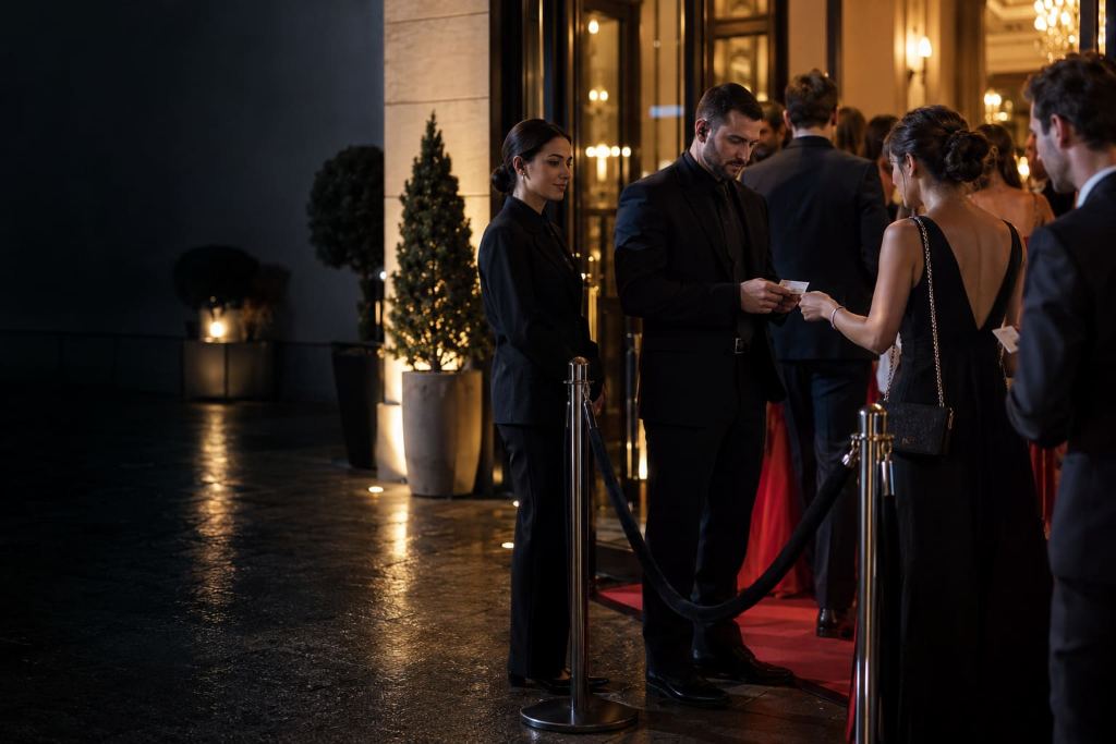 Agent contrôlant les invités à l'entrée d'une soirée privée, tapis rouge et cordon de séparation