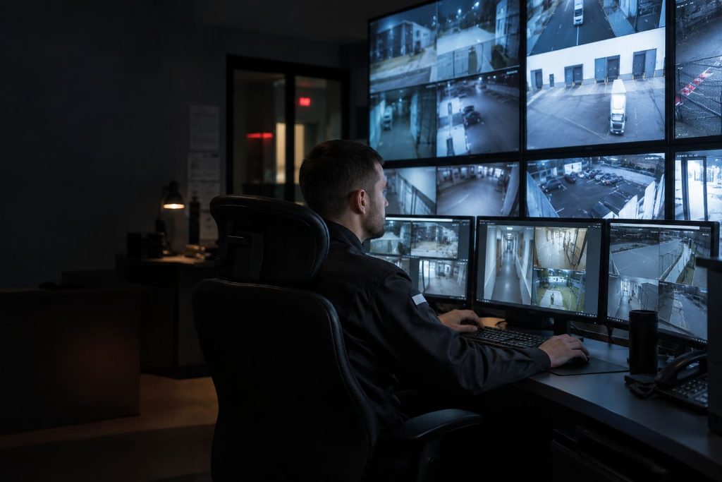 Opérateur de télésurveillance devant un mur d'écrans de contrôle dans une salle obscure